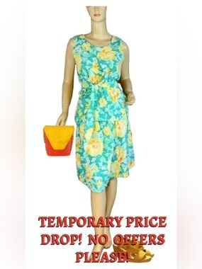 HAND CRAFTED TEAL, YELLOW & ORANGE FLORAL PRINT SKIRT, TUNIC & BELT SET (L)